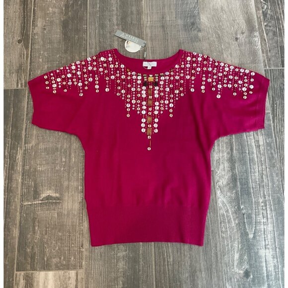 Joseph A New Burgundy Wine beaded sweater top size SMALL NEW - Picture 1 of 4